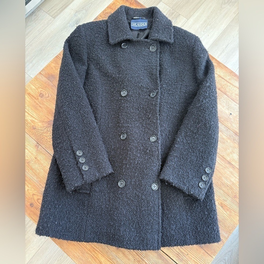 Vtg 90's J.McLaughlin Black Bouclé Textured Double-Breasted Wool Coat WM's L EUC